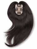 A single clip-in hair extension piece with long, straight, dark brown to near-black hair attached to a beige metal clip base, shown on a plain white background.