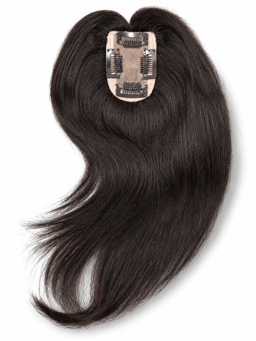 A single clip-in hair extension piece with long, straight, dark brown to near-black hair attached to a beige metal clip base, shown on a plain white background.