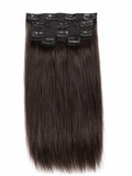 A set of six straight, dark brown hair clip-in extensions attached to a black adhesive band, shown against a plain white background.