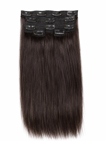 A set of six straight, dark brown hair clip-in extensions attached to a black adhesive band, shown against a plain white background.