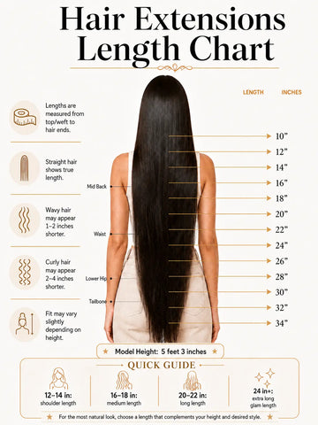 A hair extensions length chart infographic showing a back view of a woman with long dark hair, labeled with height measurements in inches from 10 to 34, plus a quick guide section at the bottom.